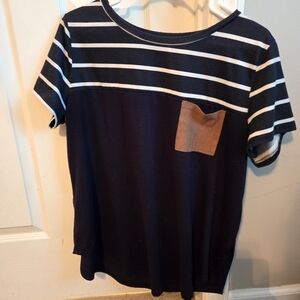 Striped Print Pocket Patched Tee